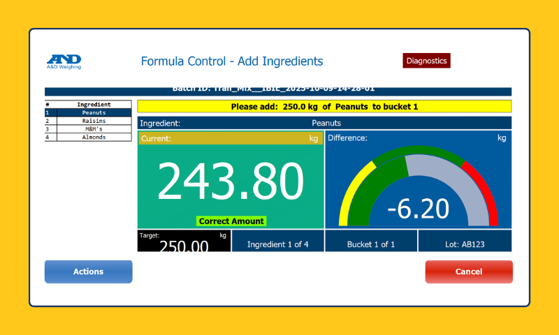 Weighing control interface for ingredients